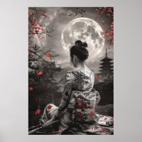 Mujer samurái japonesa con tatuaje bajo luna llena
