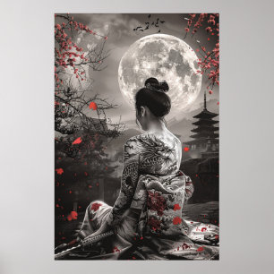 Póster Mujer samurái japonesa con tatuaje bajo luna llena