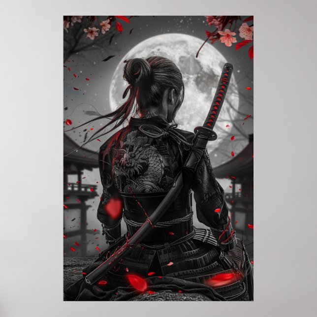 Póster Mujer samurái japonesa con tatuaje bajo luna llena (Frente)