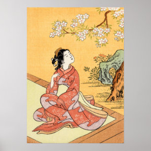 Póster Mujer sentada bajo los cerezos en flor