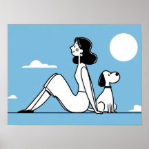 Mujer sentada con perro bajo la luna