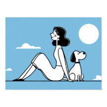 Mujer sentada con perro bajo la luna