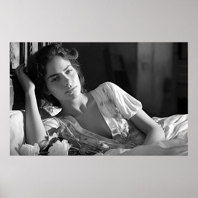 Póster Mujer sentada en la cama Foto de B&W (Frente)