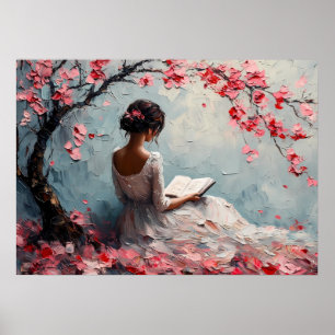 Póster Mujer serena leyendo bajo flores de cerezo