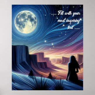 Póster Mujer solitaria sentada mirando la luna