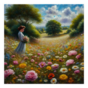 Póster Mujer sosteniendo flores en un prado