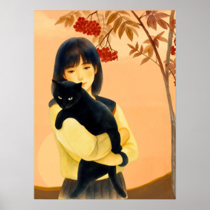 Póster Mujer sosteniendo un gato negro en otoño