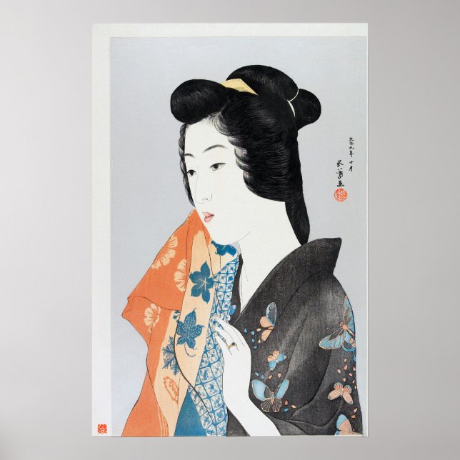 Póster Mujer sosteniendo una toalla de mano de Goyō Hashi (Frente)