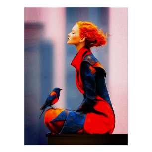 Póster Mujer Surrealista y Pájaro Elegante Cabello Rojo F
