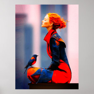 Póster Mujer Surrealista y Pájaro Elegante Cabello Rojo F