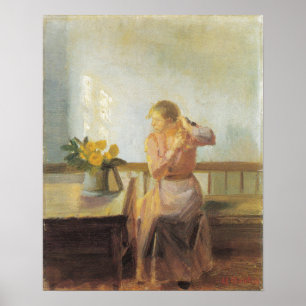 Póster Mujer tejiendo un asiento de silla