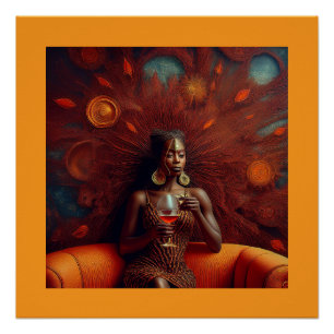 Póster Mujer Tomando Una Bebida En El Sofá