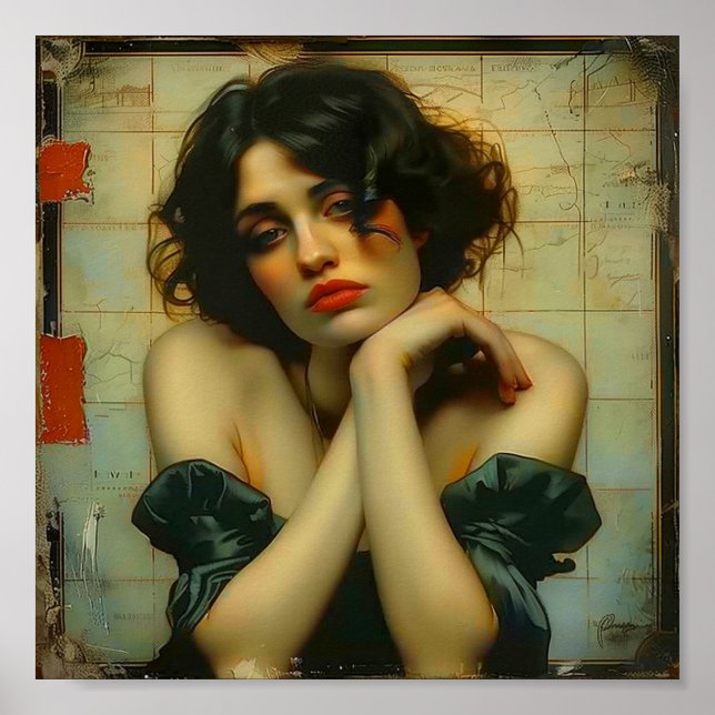 Póster Mujer triste con sus manos en la cara Medios mixto (Frente)