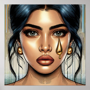 Póster Mujer Triste Hermosa con Lágrima de Oro