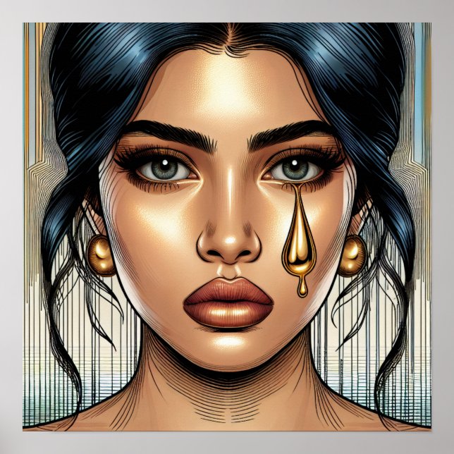 Póster Mujer Triste Hermosa con Lágrima de Oro (Frente)