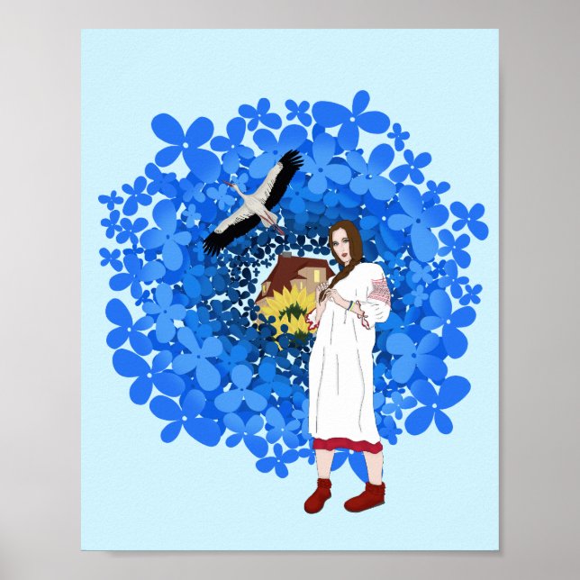 Póster Mujer ucraniana, cigüeña y flores (Frente)