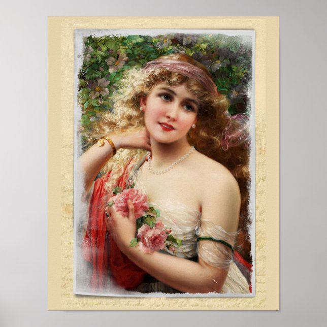 Póster Mujer victoriana con rosas rosas rosas rosadas rom (Frente)