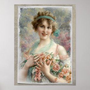 Póster Mujer victoriana con Rosas sobre fondo acuático
