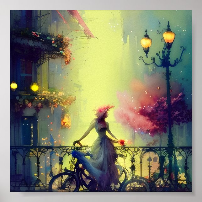 Póster Mujer victoriana de acuarela y bicicleta (Frente)