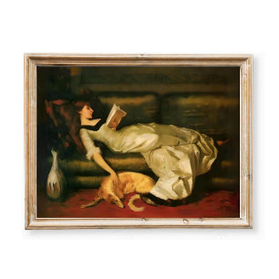 Póster Mujer Victoriana Leyendo Con Perro, Tonos Neutros