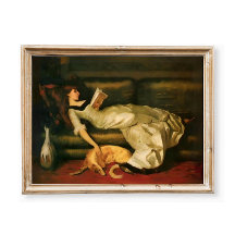 Mujer victoriana leyendo con perros y tonos neutro