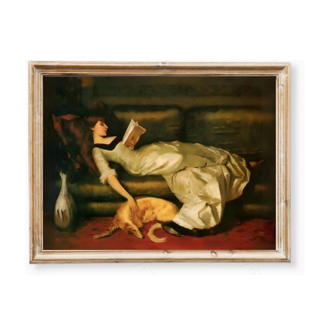 Póster Mujer victoriana leyendo con perros y tonos neutro (Subido por el creador)