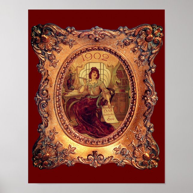 Póster Mujer victoriana marco de imagen elegante rojo dor (Frente)