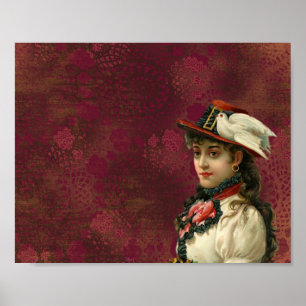 PÓSTER MUJER VICTORIANA SOMBRERO DE PÁJARO RETRATO ANTIGU