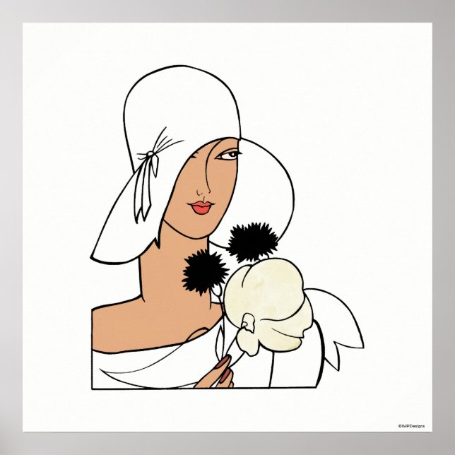 Póster Mujer Vintage Art Déco con Flores que Lleva Sombre (Frente)
