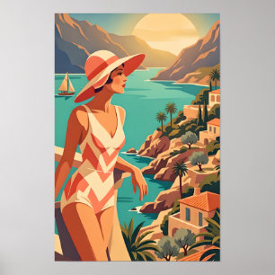 Póster Mujer Vintage contemplando la costa española