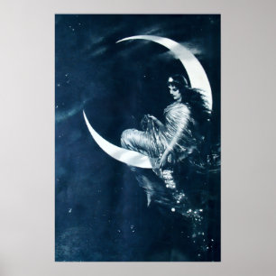 Póster Mujer vintage de Art Nouveau en luna creciente