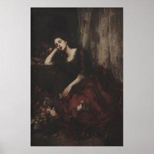 Póster Mujer Vintage en vestido rojo reclinada en victori