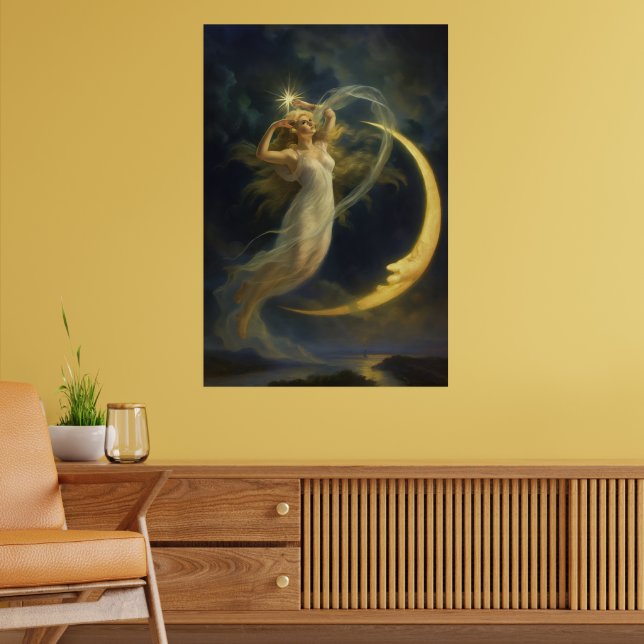 Póster Mujer volando junto a una cara de luna creciente (Salón 2)