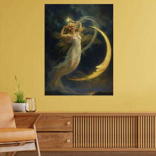 Póster Mujer volando junto a una cara de luna creciente