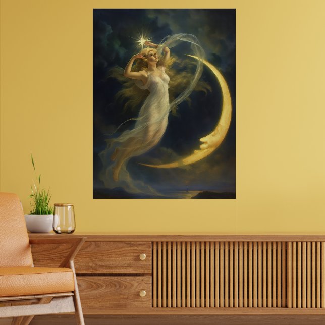 Póster Mujer volando junto a una cara de luna creciente (Salón 2)
