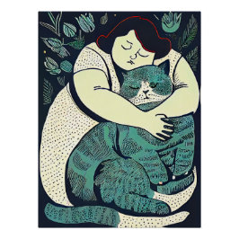 Póster Mujer voluptuosa de Linocut sosteniendo un gato gr