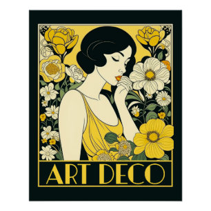 Póster Mujer y flores en el Día del Arte Decó