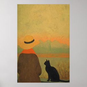 Póster Mujer y gato negro Giclée Imprimir Sereno Minimali