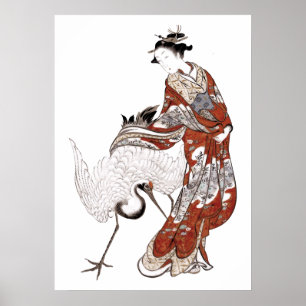 Póster Mujer y grulla japonesas (siglo XVIII)