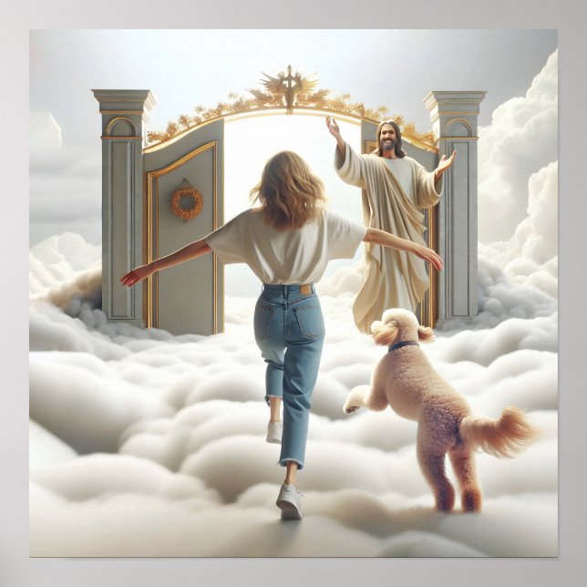 Póster Mujer y labrador entrando en la puerta del cielo (Frente)
