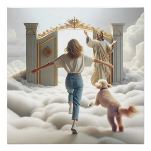 Póster Mujer y labrador entrando en la puerta del cielo
