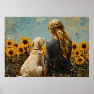 Póster Mujer y Perro con Girasoles - Pintura al Estilo al