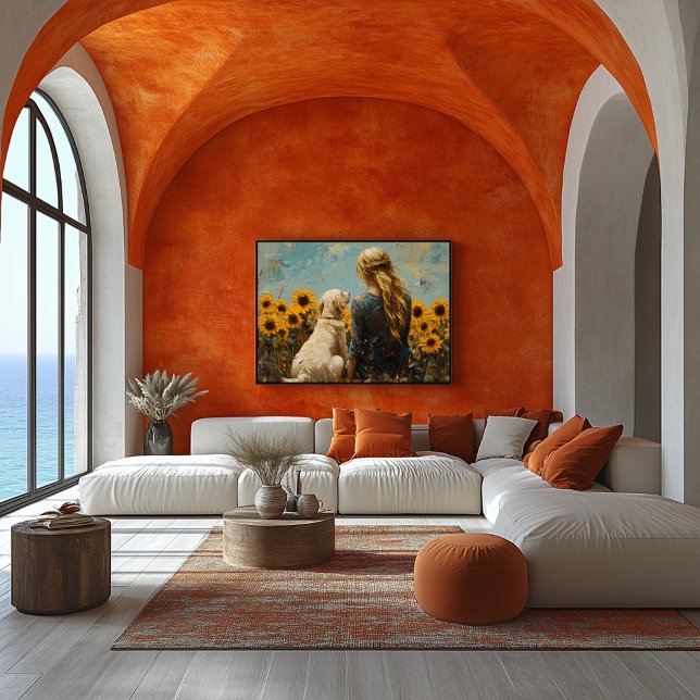 Póster Mujer y perro con girasoles - pintura al estilo de (Subido por el creador)