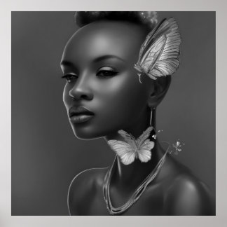 Póster Mujeres africanas de blanco y negro mariposa fanta