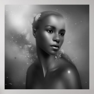 Póster Mujeres africanas de blanco y negro mariposa monoc