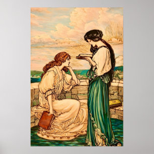 Póster Mujeres Art Nouveau Vintage leyendo junto al mar 