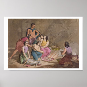 Póster Mujeres aztecas haciendo pan de maíz, México, de '