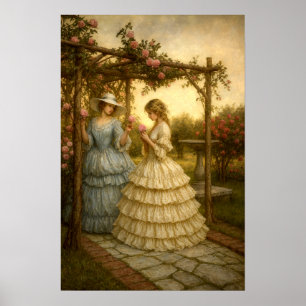 Póster Mujeres bajo un emparrado de rosas en un jardín de