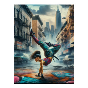 Póster Mujeres Breakdancer en acción silueta Nueva York