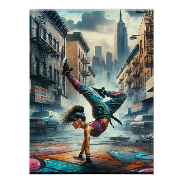Póster Mujeres Breakdancer en acción silueta Nueva York (Anverso)
